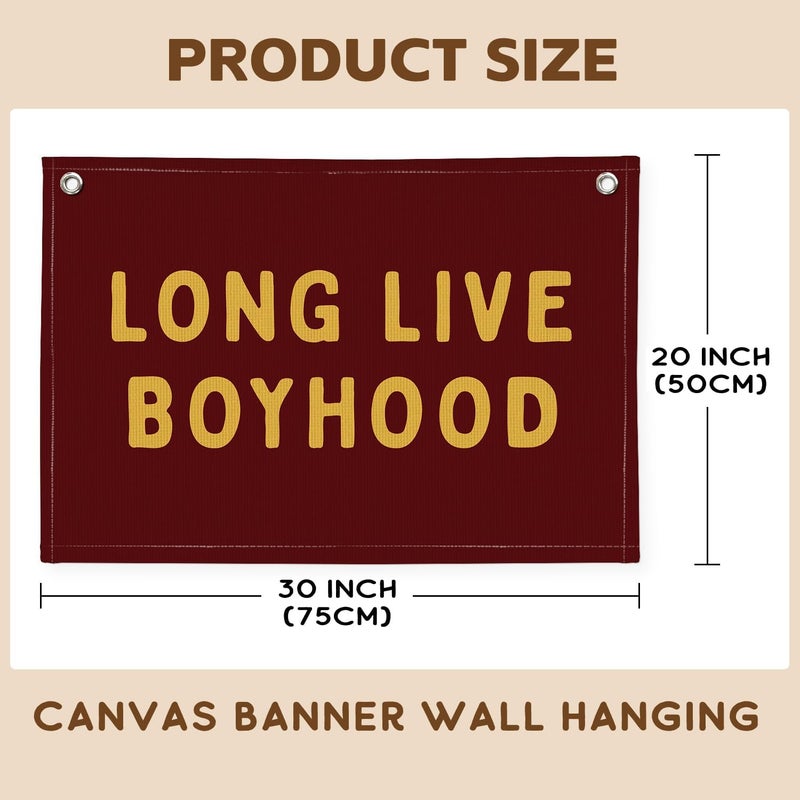 PLKMN Long Live Boyhood Linen Banner – Boys Room Wall Hanging, Playroom & Nursery Decor, Toddler Room Flag, Aesthetic Boys Bedroom Sign – Burgundy & Mustard Yellow - Image 2